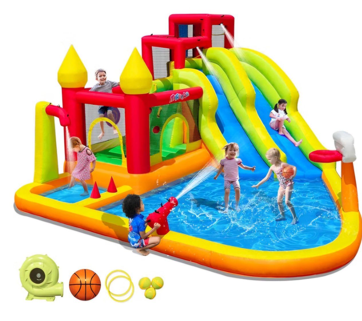 MIRUNAIR Inflatable Bounce House with Slides, Inflatable Water Slide for Kids Backyard, Bounce Water Prak with Air Blower, Splas