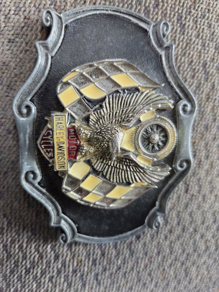 Vintage 1978 Harley-Davidson Eagle & Checkered Flag Pewter Belt Buckle