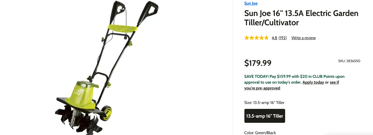 Sun Joe 16'' 13.5A Electric Garden Tiller/Cultivator