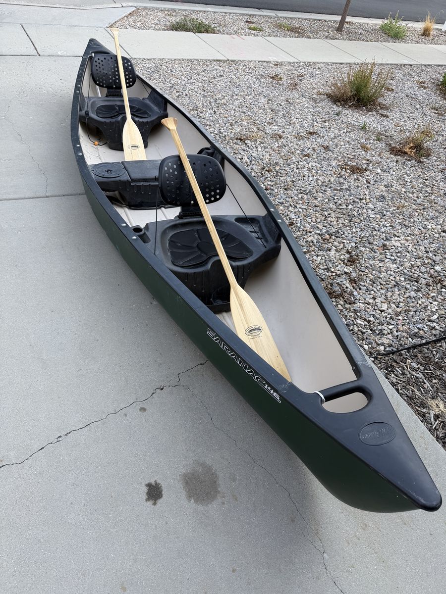 Old Town Saranac 146 Canoe with Paddles and C-Tug Canoe Cart