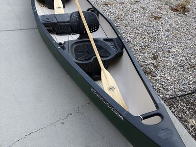 Old Town Saranac 146 Canoe with Paddles and C-Tug Canoe Cart