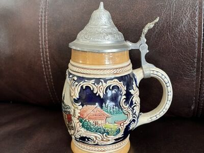 Antique German Beer Stein with a Pewter Lid