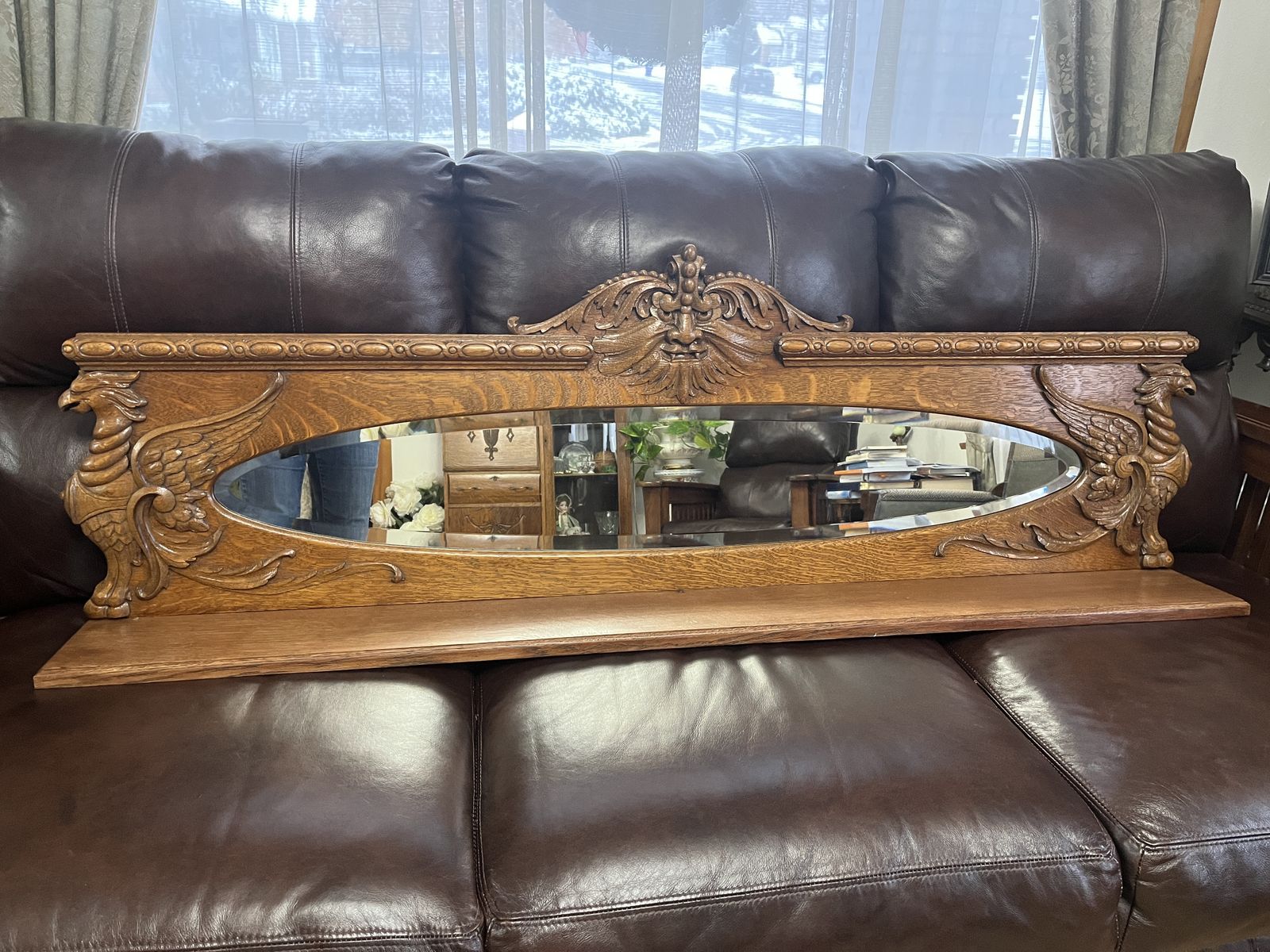 Large Antique Beveled Mirror with a Carved Lion Head Shelf all Oak Wood