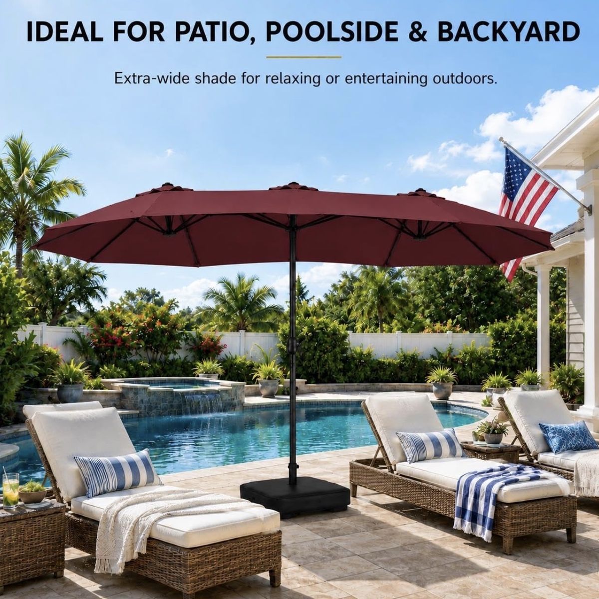 15ft Triple Patio Umbrella with Base, Extra Large Double-Sided Umbrella - new
