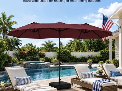 15ft Triple Patio Umbrella with Base, Extra Large Double-Sided Umbrella - new