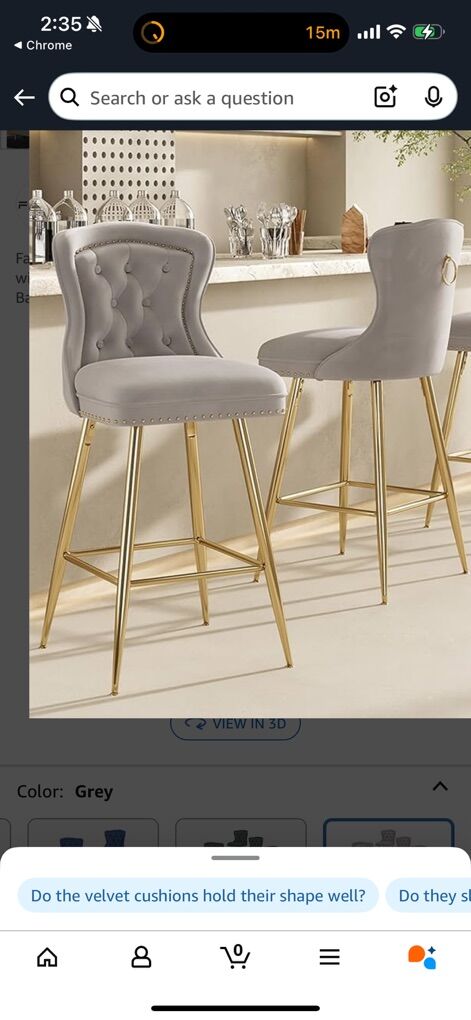 2pc Velvet Counter Height Bar Stools Tufted Gray