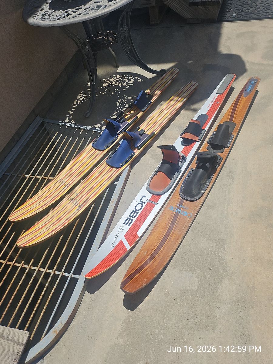 Vintage Water Skis; 2 Slalom skis & 1 pair of regular water skis, with a slalom boot.