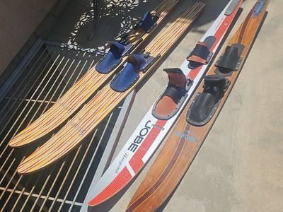 Vintage Water Skis; 2 Slalom skis & 1 pair of regular water skis, with a slalom boot.