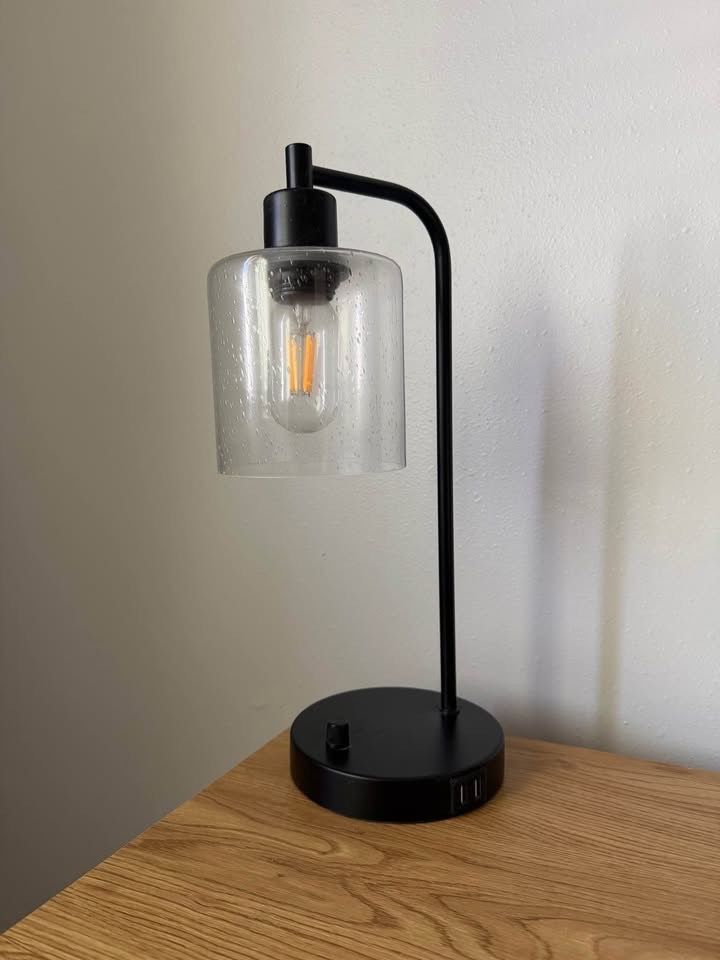 Bedside Table Lamps (Set of 2) | Matte Black + Seeded Glass | USB Port | Bulbs Included