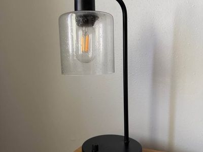 Bedside Table Lamps (Set of 2) | Matte Black + Seeded Glass | USB Port | Bulbs Included