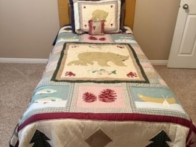 Honey Oak Bedroom set with twin bed, mattress, box spring and dresser