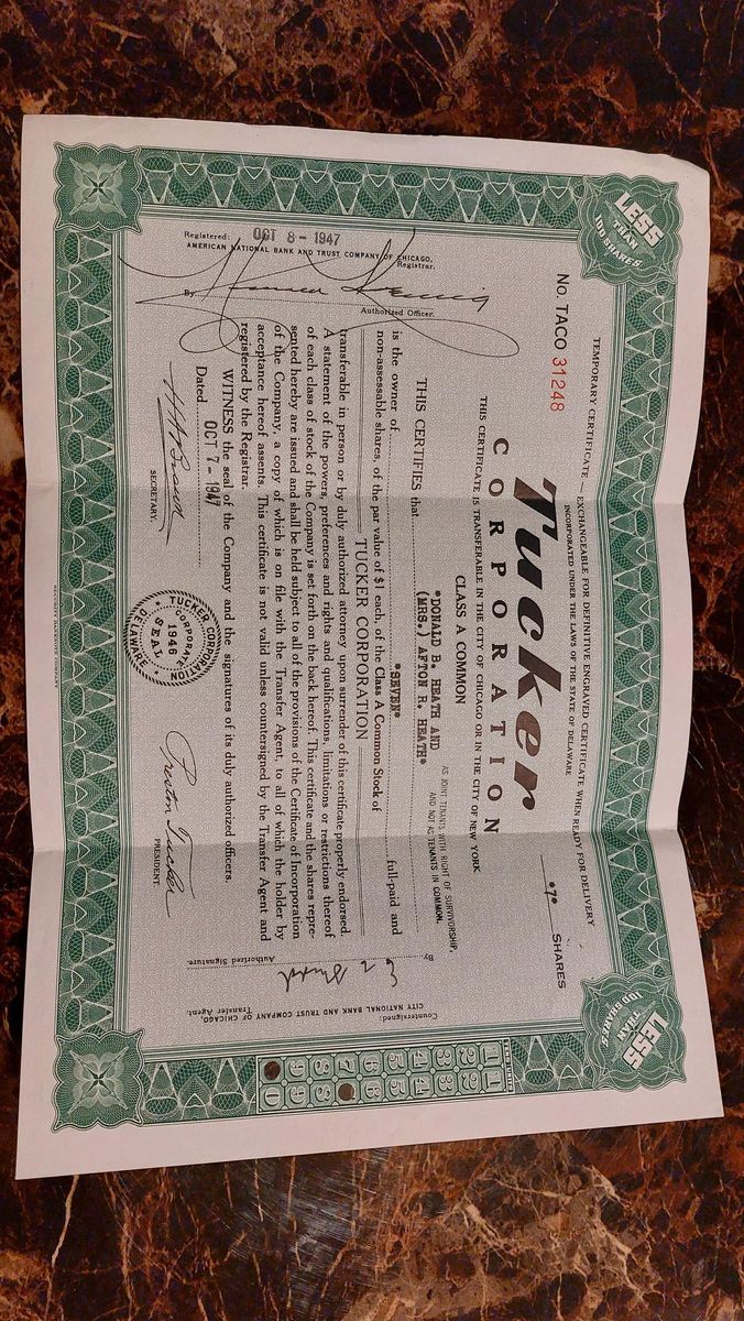 Official Tucker Corporation Stock Certificate