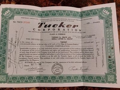 Official Tucker Corporation Stock Certificate