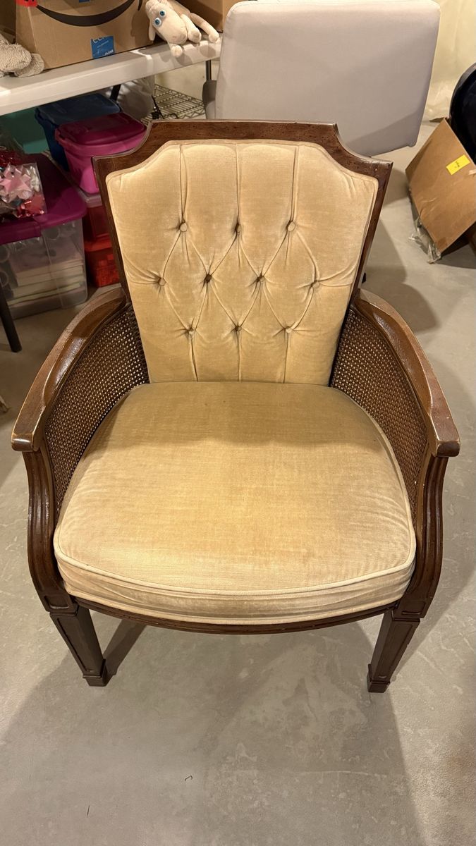 Vintage Cane Back Tufted Accent Chair - Velvet Upholstery, Wood Frame