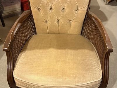 Vintage Cane Back Tufted Accent Chair - Velvet Upholstery, Wood Frame