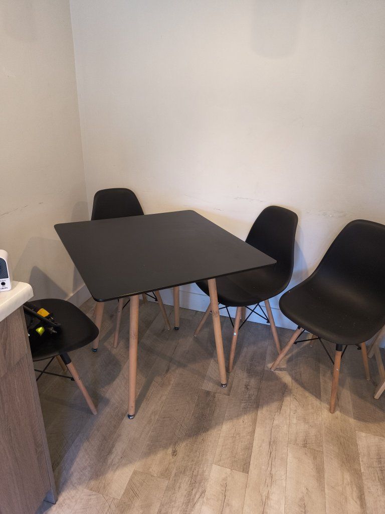Modern Black Square Dining Table & 4 Chairs Set - Wood & Metal Legs, Compact Design