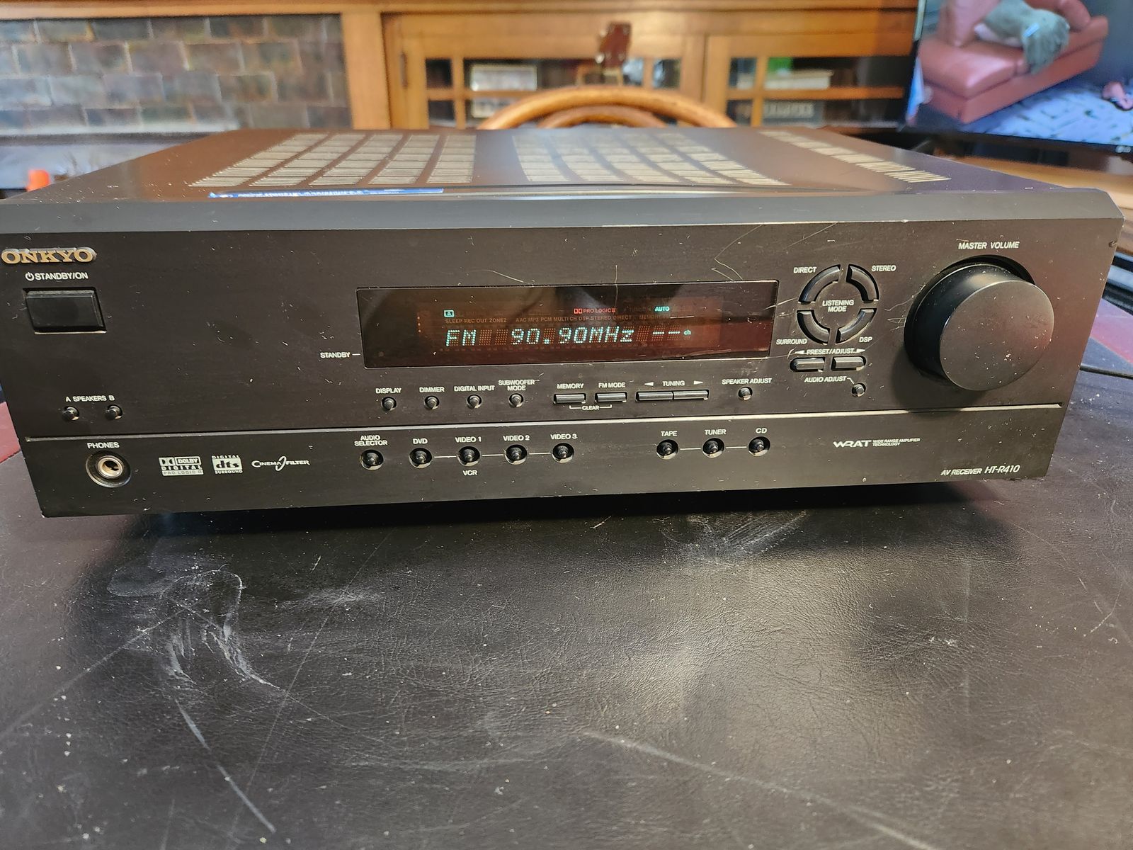 Onkyo stereo receiver Model HT-R410, works great, very powerful. 7.1 Surround sound, 1 digital optical port.