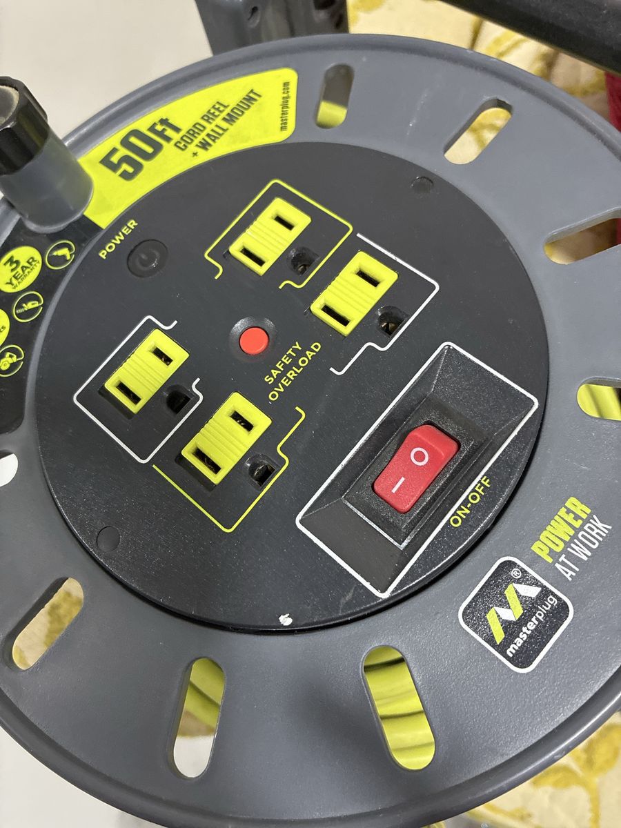 Masterplug 50ft Cord Reel with Wall Mount, 4-Outlet, Safety Overload Protection
