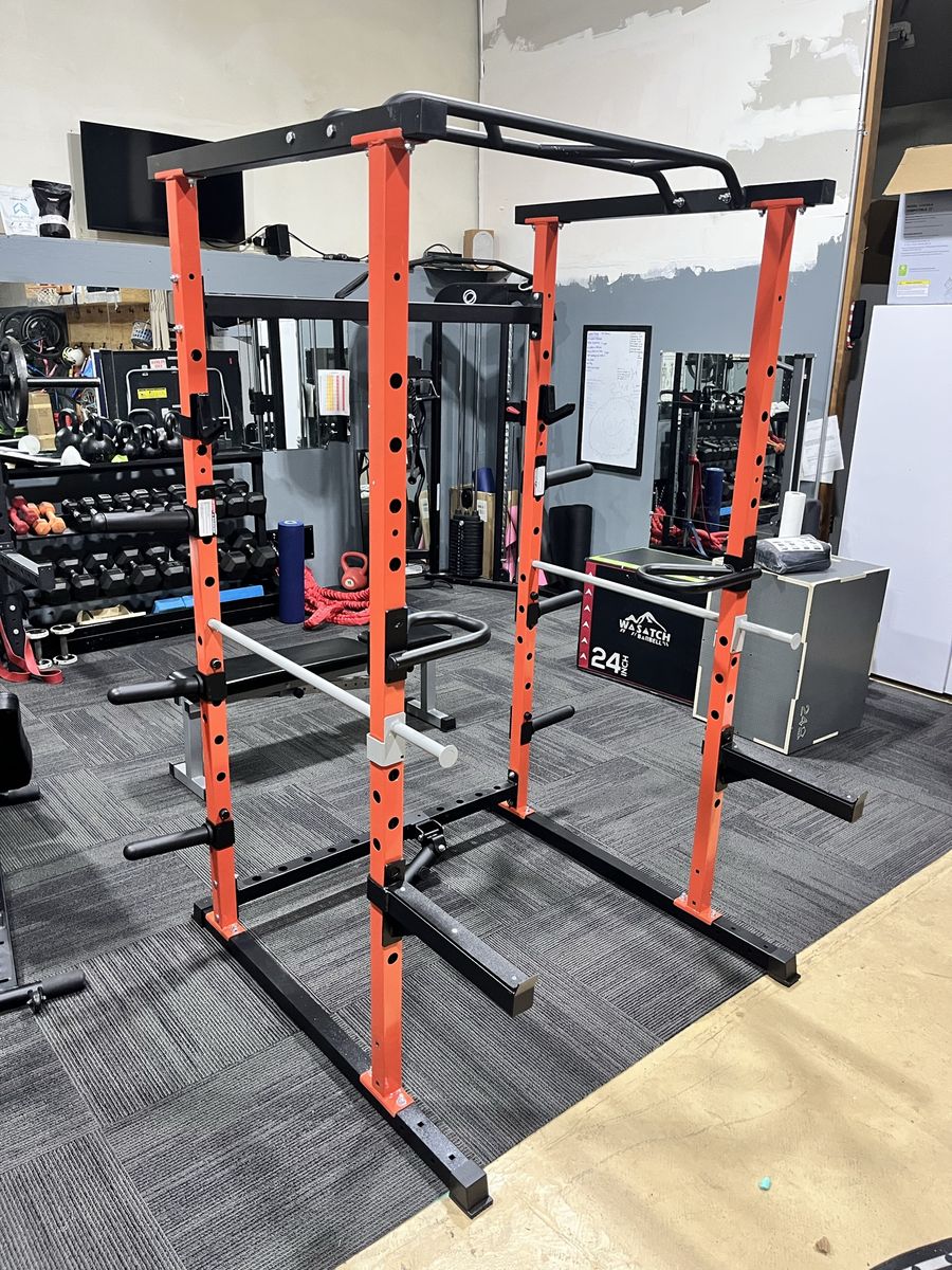 Orange & Black Power Rack with Pull-Up Bar and Dip Station