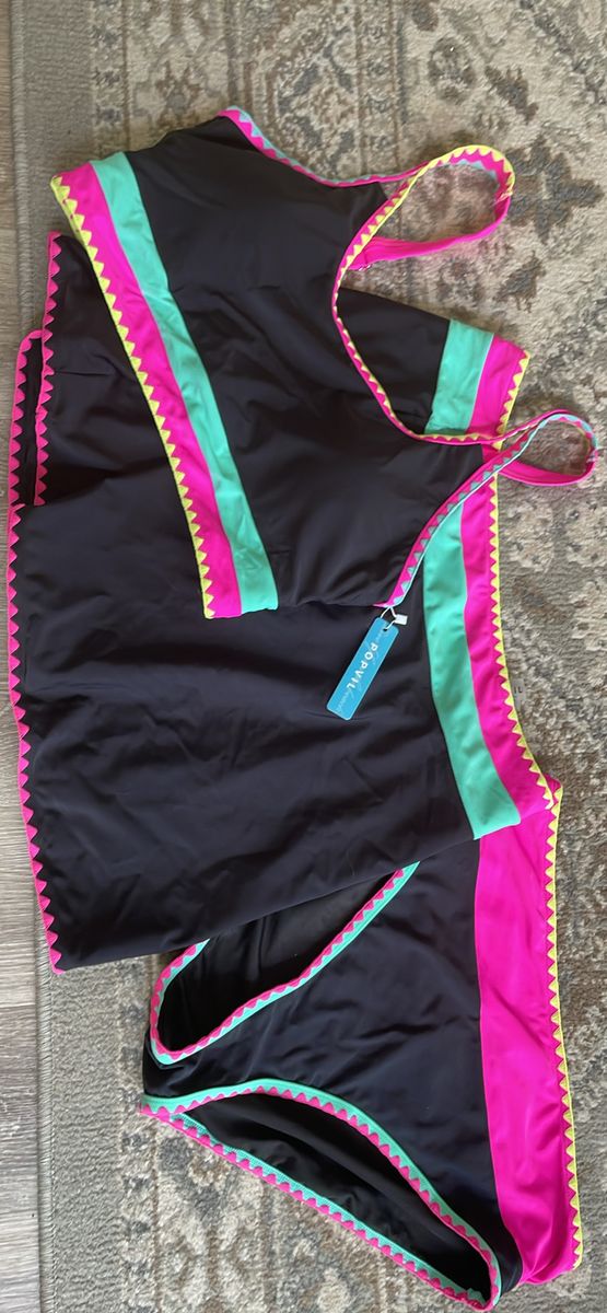 NWT Popvil High Waisted Bikini Set 3 Piece Swimsuit Neon Skirt Black Red XXL