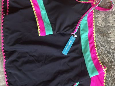 NWT Popvil High Waisted Bikini Set 3 Piece Swimsuit Neon Skirt Black Red XXL