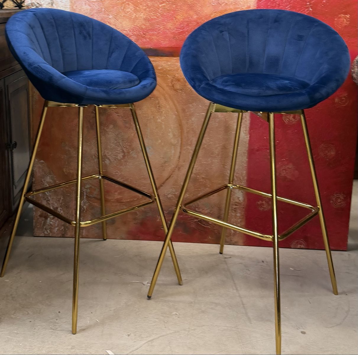 Set of 2 Blue Velvet Bar Stools with Gold Metal Legs