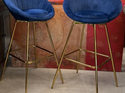 Set of 2 Blue Velvet Bar Stools with Gold Metal Legs
