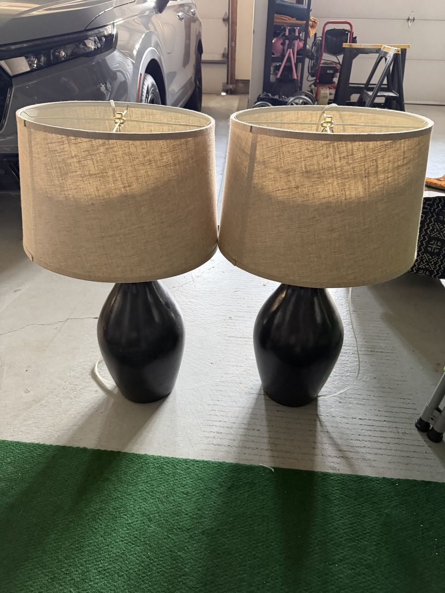 Pair of BlueTable Lamps with Tan Fabric Shades - Matching Home Decor Lighting
