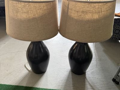 Pair of BlueTable Lamps with Tan Fabric Shades - Matching Home Decor Lighting