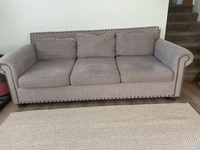 Gray Upholstered 3-Seater Sofa Couch with Nailhead Trim