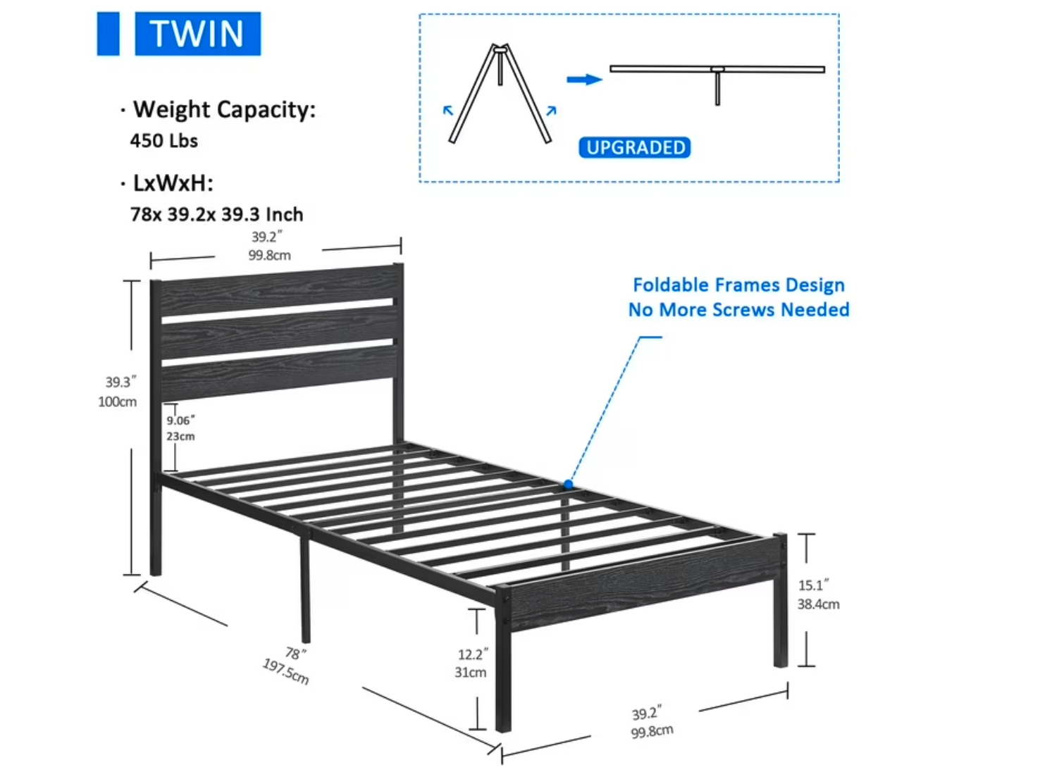 New in Box Twin Size Metal Platform Bed with Wooden Headboard, Rustic Country Style Bed Frame