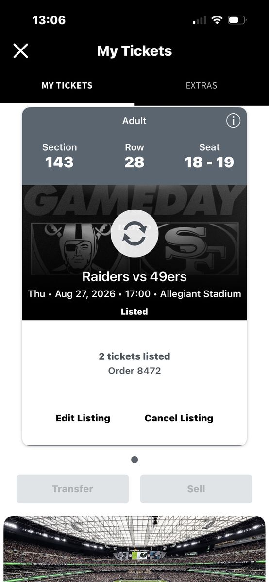 2 Tickets: Las Vegas Raiders vs 49ers at Allegiant Stadium - Sec 143, Row 28