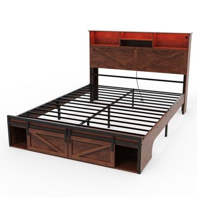 Farmhouse Full Size Bed Frame with Storage Headboard Charging Station and LED Lights Brown