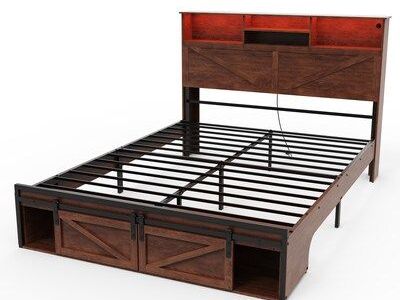 Farmhouse Full Size Bed Frame with Storage Headboard Charging Station and LED Lights Brown