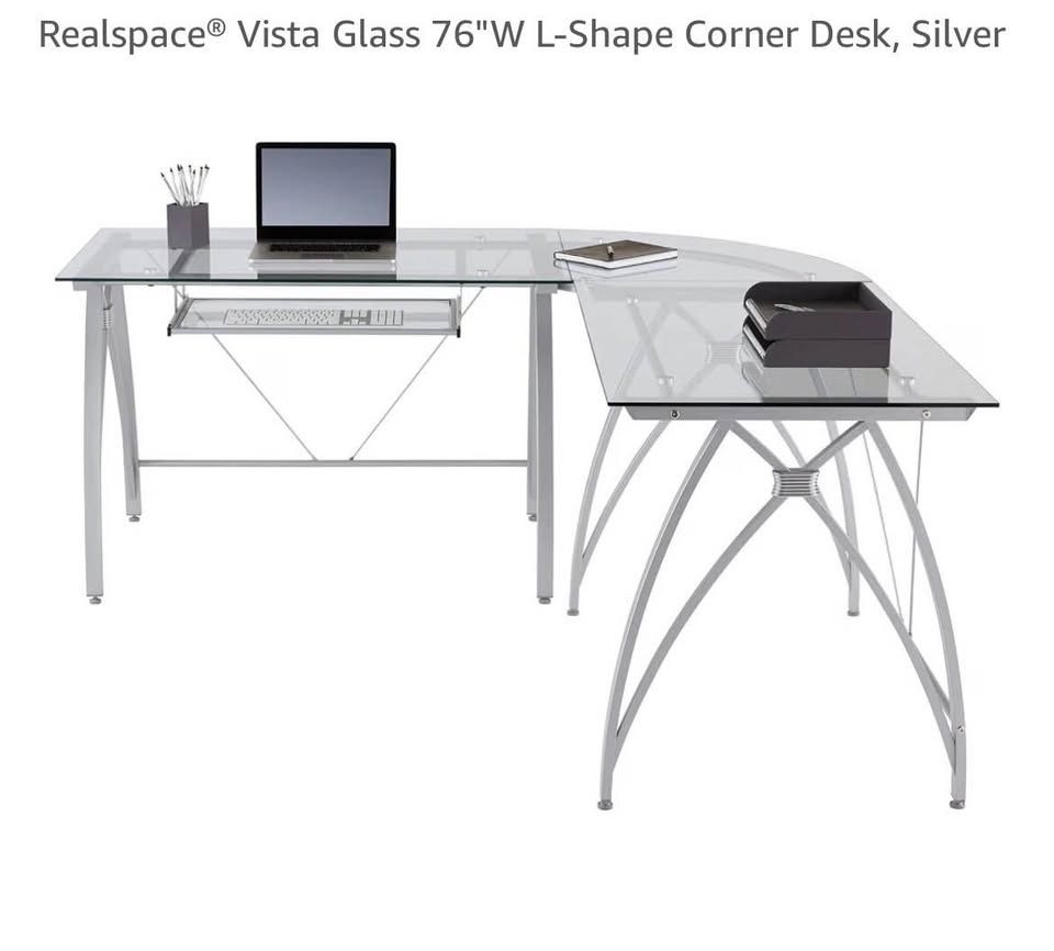 Modern L-Shaped Home Office Desk with Tempered Glass Top & Keyboard Tray