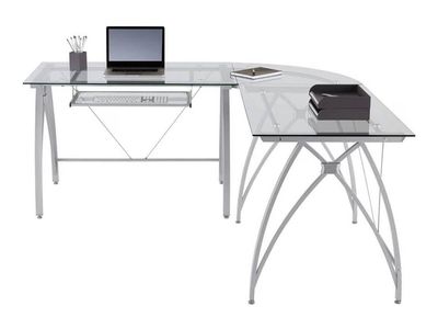 Modern L-Shaped Home Office Desk with Tempered Glass Top & Keyboard Tray