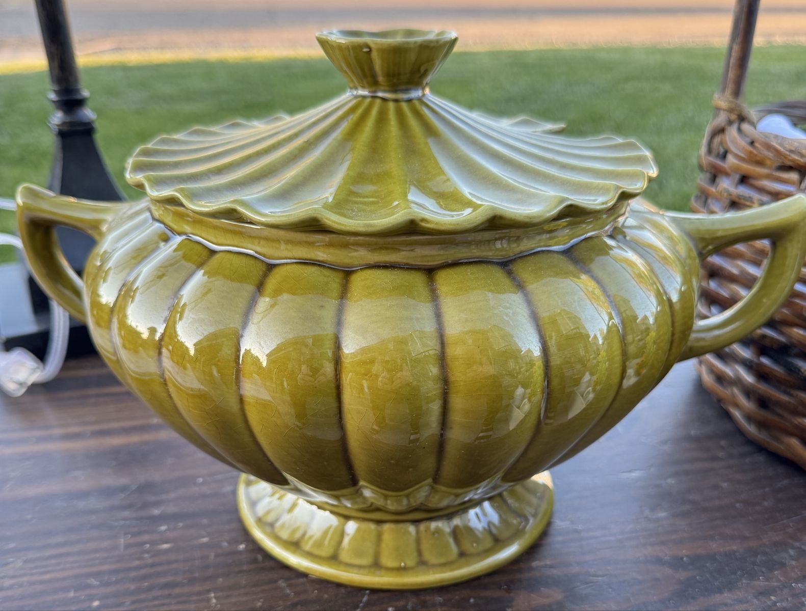 Vintage AVOCADO Scalloped California Pottery soup