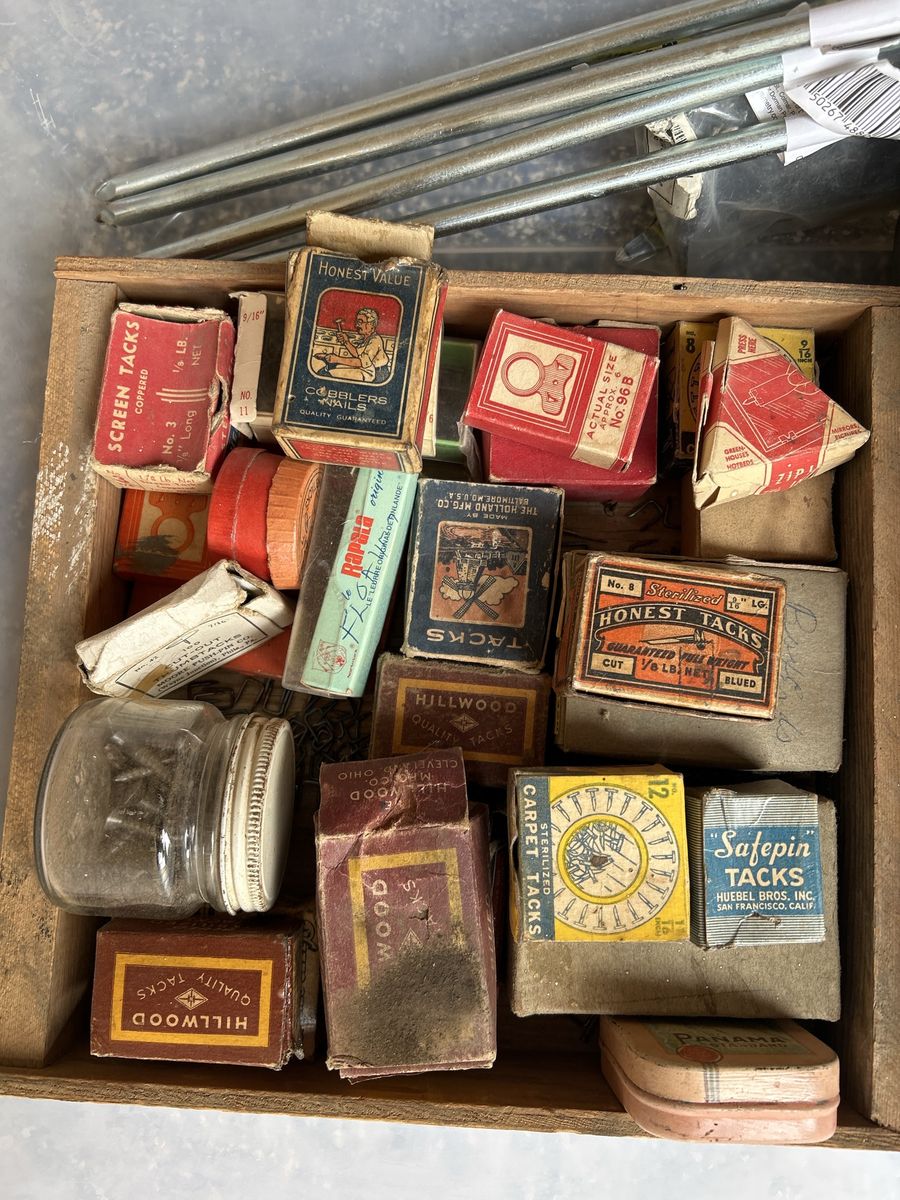 Vintage Tacks & Nails Lot - Hillwood, Safepin, Honest Value - Wood Box