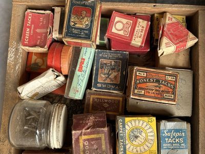 Vintage Tacks & Nails Lot - Hillwood, Safepin, Honest Value - Wood Box