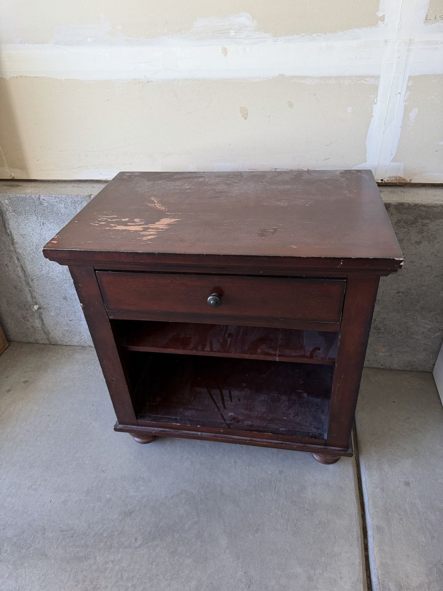 Dark Wood Nightstand with Drawer and Open Shelf - Needs Refinishing