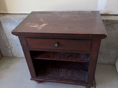 Dark Wood Nightstand with Drawer and Open Shelf - Needs Refinishing