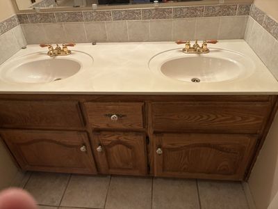 Used Bathroom Vanity with Double Sink and Corner Jetted Bathtub