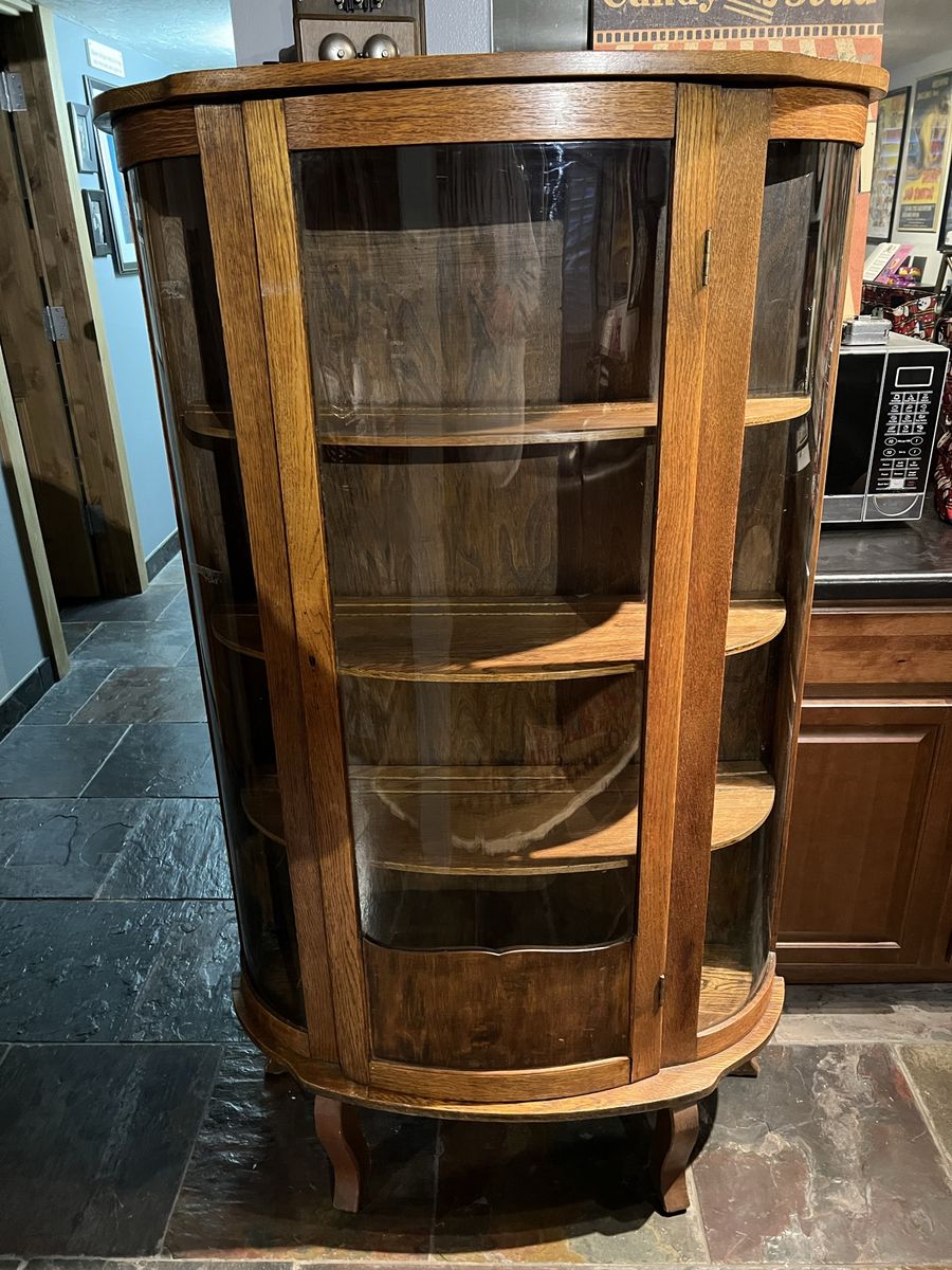 Antique Curved Glass Display Cabinet - Vintage Wooden Corner Curio with Shelves