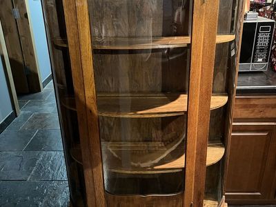 Antique Curved Glass Display Cabinet - Vintage Wooden Corner Curio with Shelves