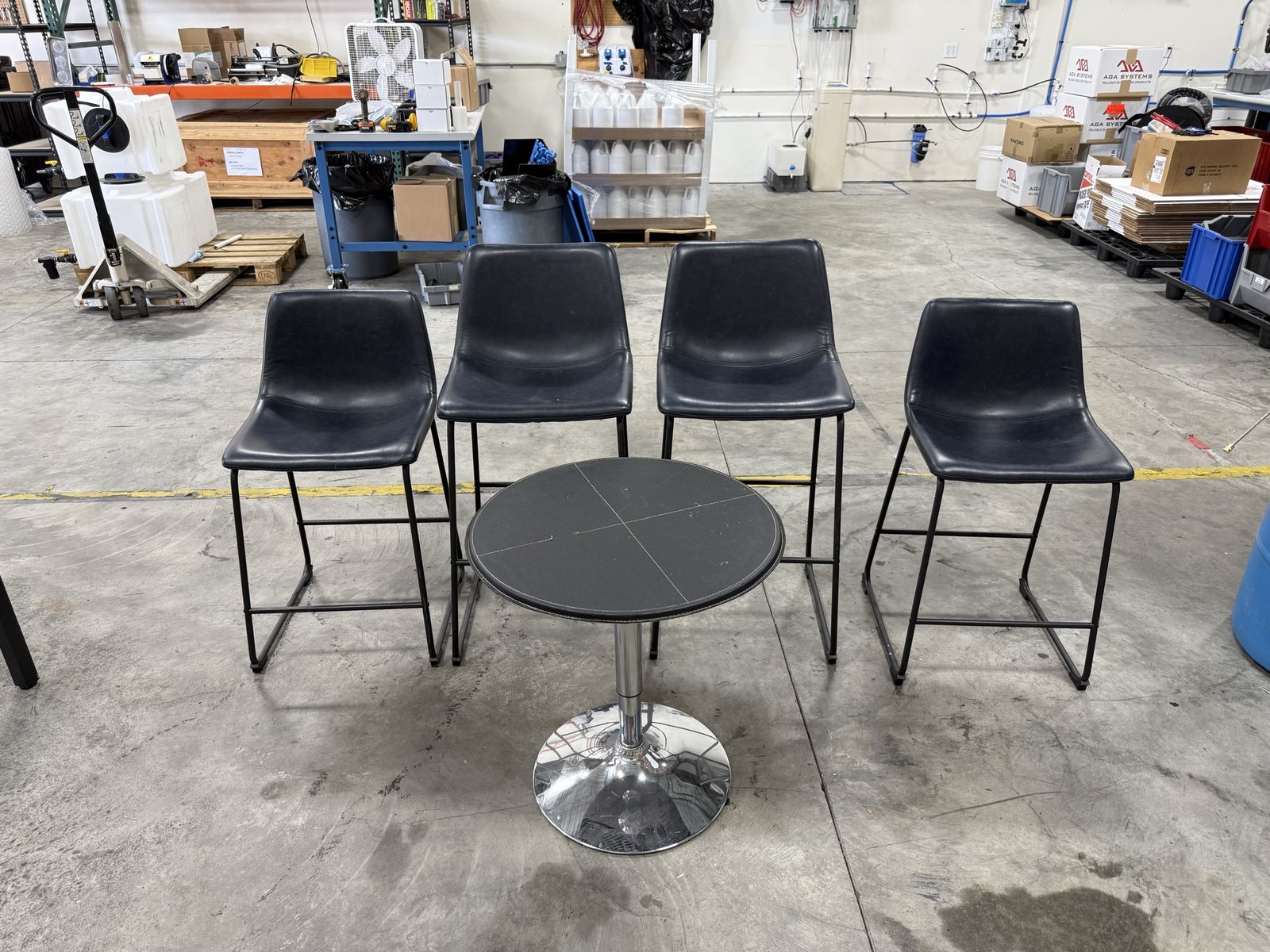 Black Pub Table and 4 Counter Stools Set with Chrome Base