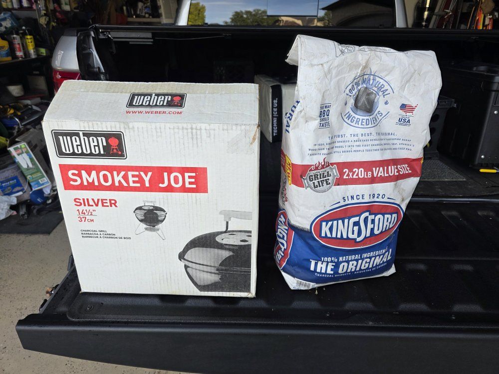 Weber Smokey Joe Silver 14.5" Charcoal Grill with partial bag of Kingsford Charcoal