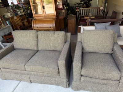 Stickley Armchair & Loveseat Set - Mid-Century Modern Style, Neutral Brown/Gray