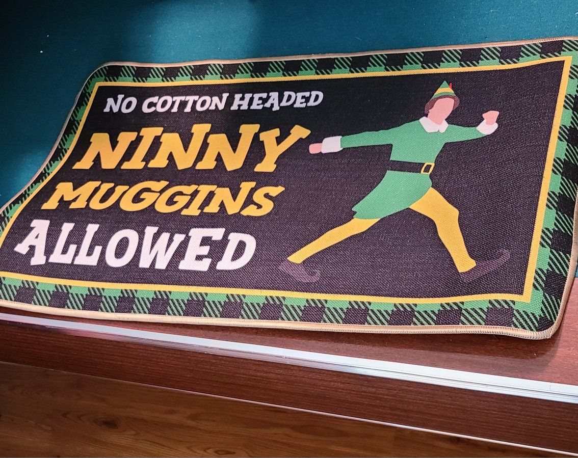 Elf "No Cotton Headed Ninny Muggins Allowed" Decorative Doormat/Rug, Black & Green Plaid