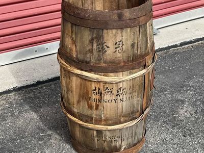 Vintage Hand-Made Wooden Hin Soy Sauce Barrel with Metal Bands, Rustic Farmhouse Decor