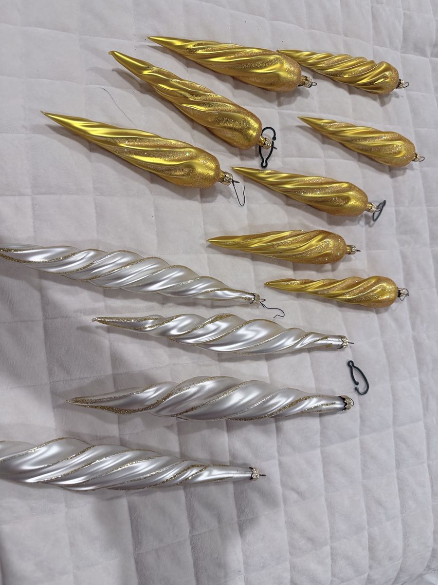 Set of 12 Vintage Gold and Silver Icicle Glass Christmas Tree Ornaments